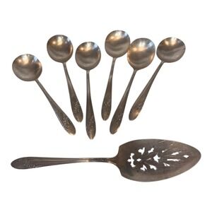 VTG Oneida Community Tudor Silverplate 6 Soup Spoons 1 Pie Server Queen Bess II